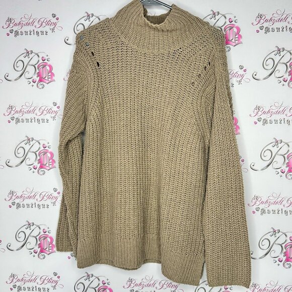 Lord & Taylor sweater turtleneck nude tan knit crochet wool warm cozy pullover